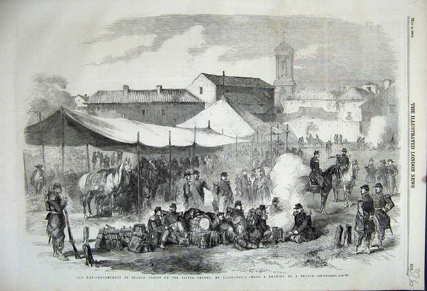 Old Antique Print 1859 War Encampment French Troops Piazza Savona Horse 19th