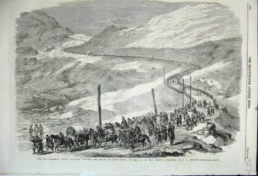 Old Antique Print War 1859 General Vinoy Marching Defile Mont Cenis Hills 19th