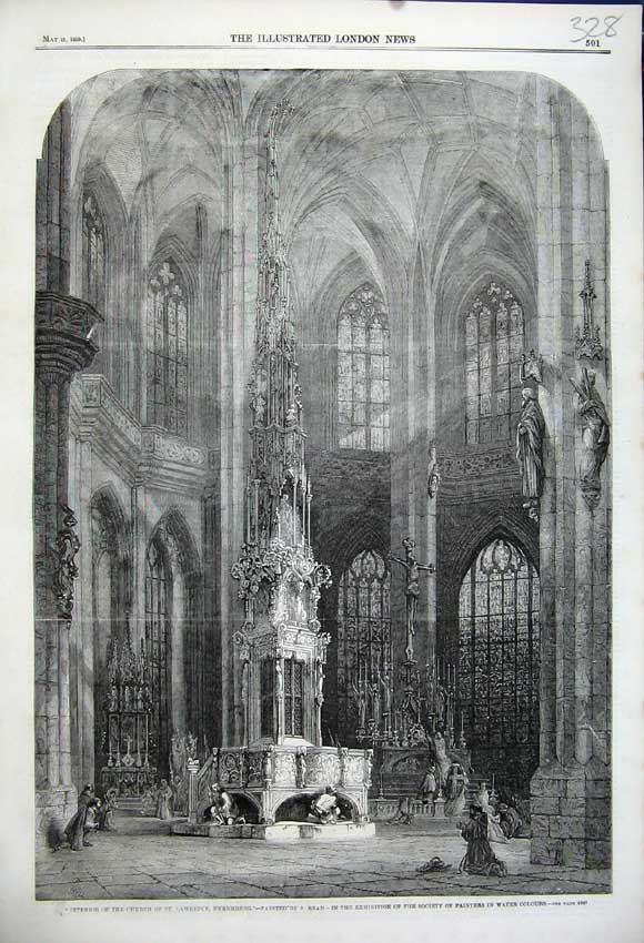 Original Old Antique Print 1859 Interior Church St Lawrence Nuremberg Read 19th