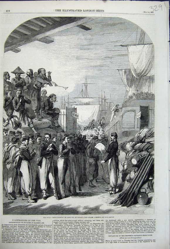 Original Old Antique Print 1859 War Embarkation Zouaves Marseilles Siers Ship