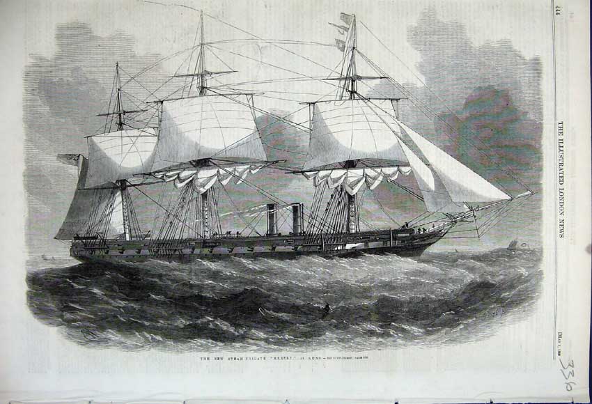 Original Old Antique Print 1859 Steam Frigate Ship Mersey Sailing Sea Maritime