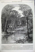 Old Antique Print 1859 Rook Shooting Sport Birds Trees Lake Alfred Slader 19th
