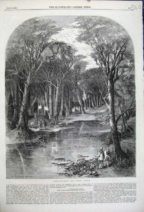 Old Antique Print 1859 Rook Shooting Sport Birds Trees Lake Alfred Slader 19th