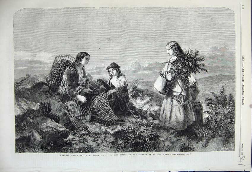 Original Old Antique Print 1859 Heather Bells Girls Gathering Hill-Side Baskets
