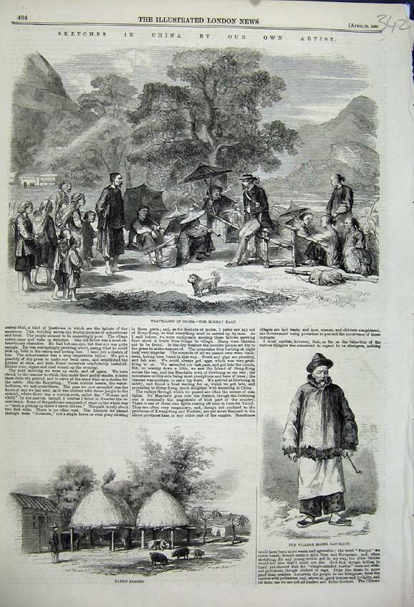 Old Antique Print 1859 China Travelling Paddy Stacks Village Can-Haou Man 19th