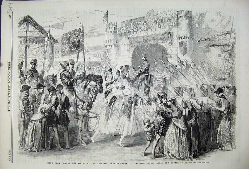 Original Old Antique Print 1859 Henry Fifth Princess Theatre Battle Agincourt