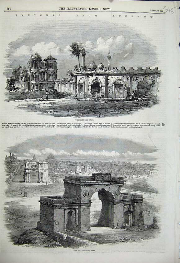 Old Antique Print 1859 Lucknow Secundra Bagh Bailey Guard Gate Buildings 19th