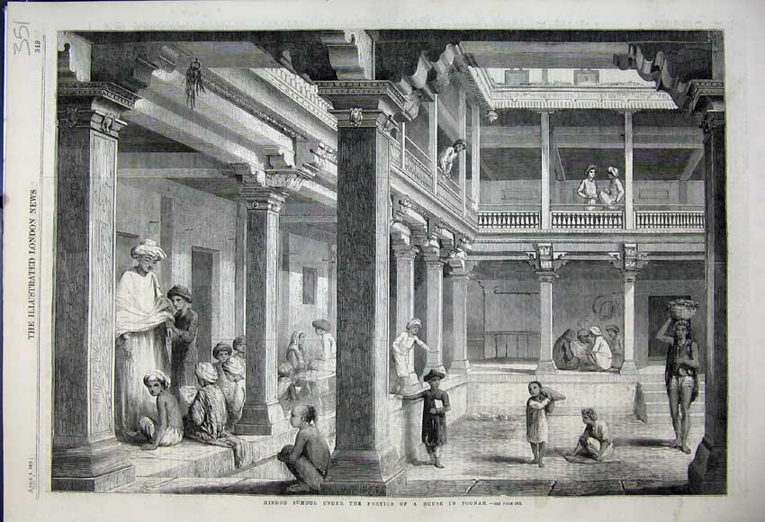 Original Old Antique Print 1859 Hindoo School Portico House Poonah Children