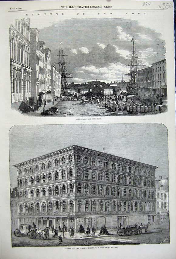 Original Old Antique Print 1859 Wall Street New York Broadway Store Haughwont