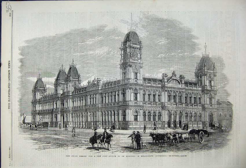 Original Old Antique Print 1859 New Post Office Melbourne Australia Building