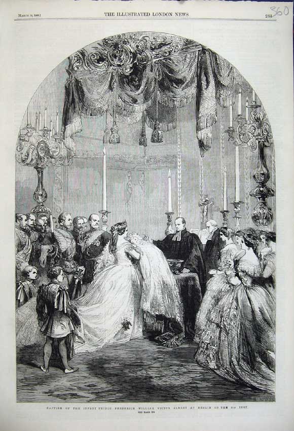 Old Antique Print 1859 Baptism Baby Prince Frederick Victor Albert Berlin 19th