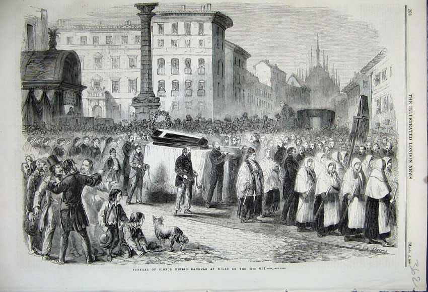 Original Old Antique Print 1859 Funeral Signor Emilio Dandolo Milan Procession