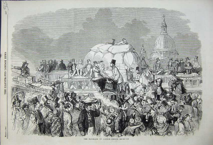 Old Antique Print Blockade London Bridge 1859 Railway Train People Horse 19th