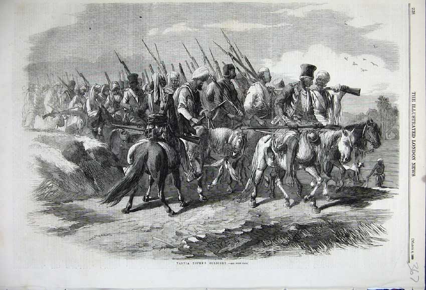 Original Old Antique Print 1859 Tantia Topee'S Solciery War Horses Weapons Army