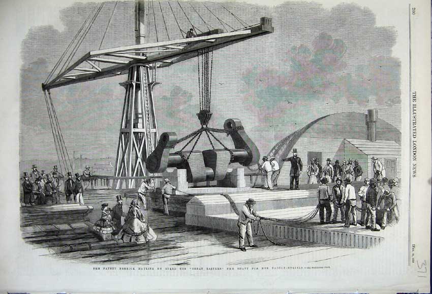 Old Antique Print 1859 Patent Derrick Hauling Great Eastern Ship Paddle 19th