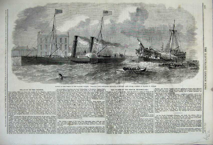 Old Antique Print 1859 Wreck Spanish Barque Vizcaya Newhaven Harbour Ship 19th