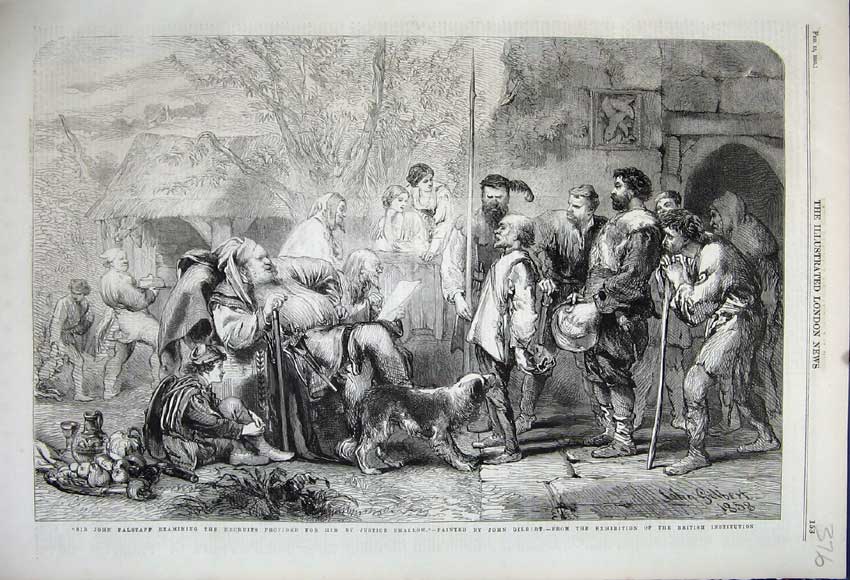 Original Old Antique Print 1859 John Falstaff Recruits Justice Shallow War Army