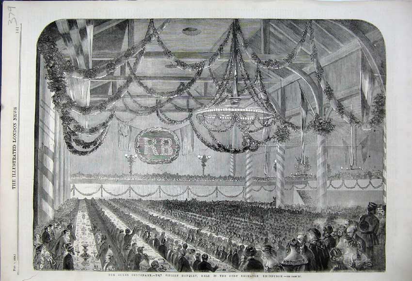Original Old Antique Print 1859 Burns Centenary Banquet Corn Exchange Edinburgh