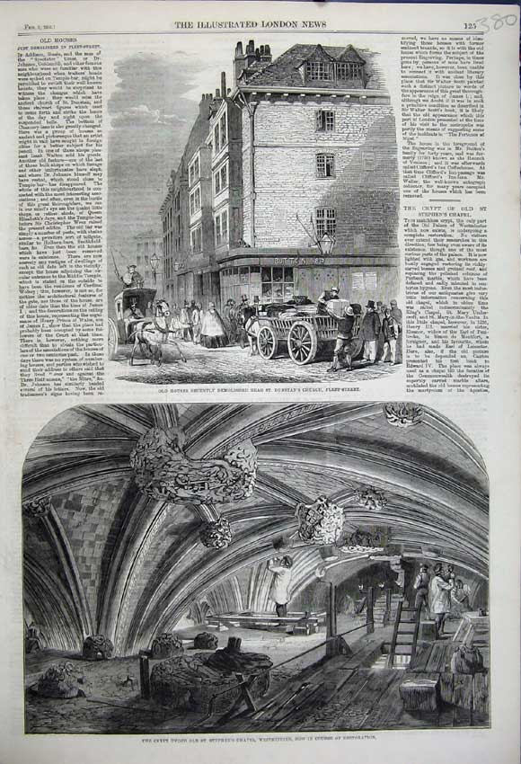 Original Old Antique Print 1859 Crypt Stephens Chapel Westminster House Fleet