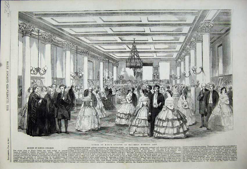 Original Old Antique Print 1859 Soiree Kings College Dancing Men Women Romance