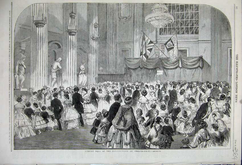 Old Antique Print 1859 Children Ball Mansion House Twelfth Night Dancing 19th