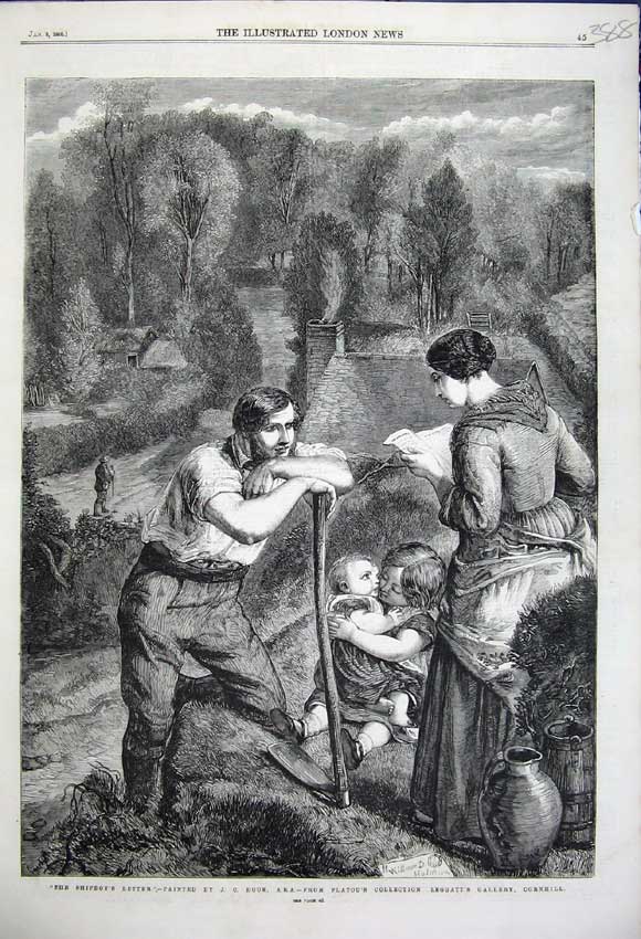 Old Antique Print 1859 Ship Boys Letter Woman Reading Man Children Flatou 19th
