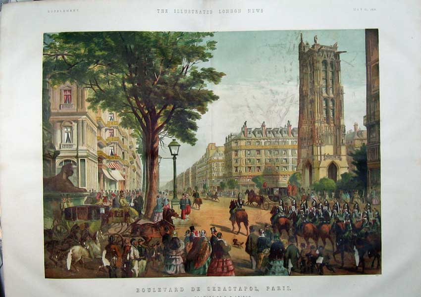 Original Old Antique Print 1859 Colour Boulevard Sebastapol Paris Army Siers