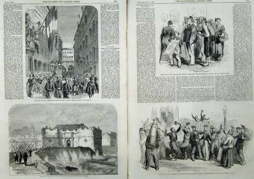 Original Old Antique Print 1859 War Italymole Gate Genoa Proclamation Napoleon