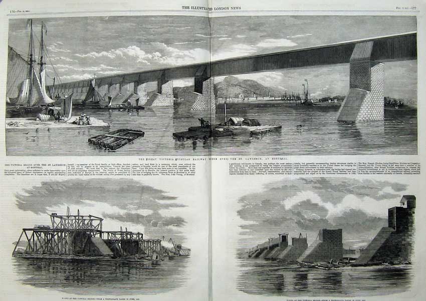 Old Antique Print 1859 Victoria Tubular Railway Bridge Lawrence Montreal 19th