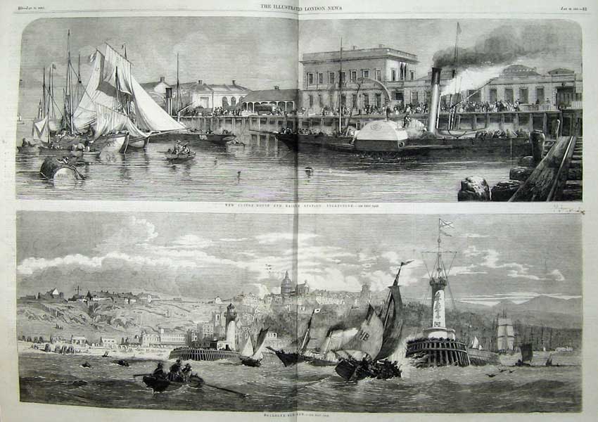 Original Old Antique Print 1859 Boulogne Ships Custom House Railway Folkestone