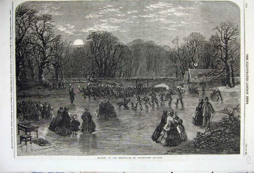 Original Old Antique Print 1859 Scene Skating Serpentine Torchlight Moon Winter