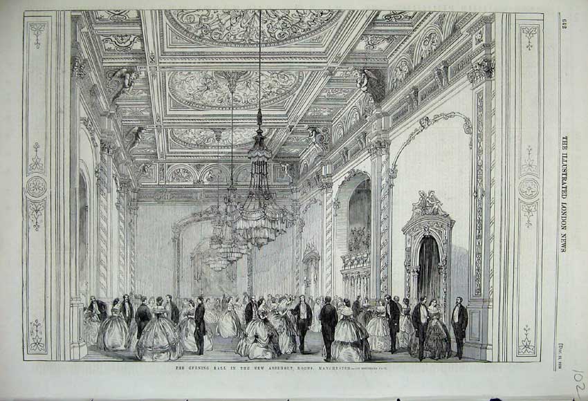Old Antique Print 1859 Opening Ball New Assembly Rooms Manchester Dance 19th