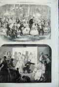 Original Old Antique Print Christmas Amusements 1859 Mistltoe Charade Acting