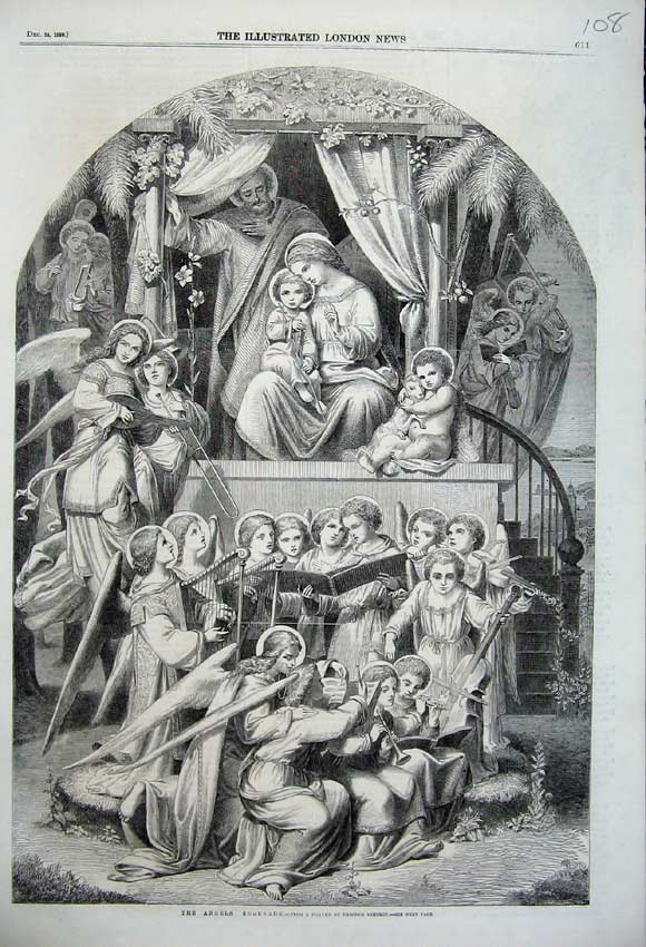 Original Old Antique Print 1859 Angels Serenade Music Harp Flute Baby Bible