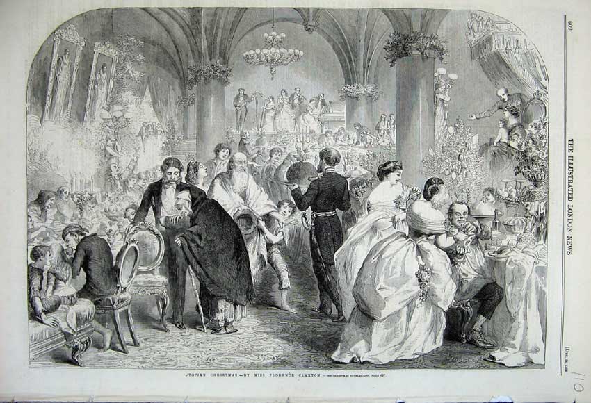 Old Antique Print 1859 Utopian Christmas Party Banquet Costumes Claxton 19th