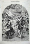 Old Antique Print Christmas Baronial Hall Party Dancing 1859 John Gilbert 19th