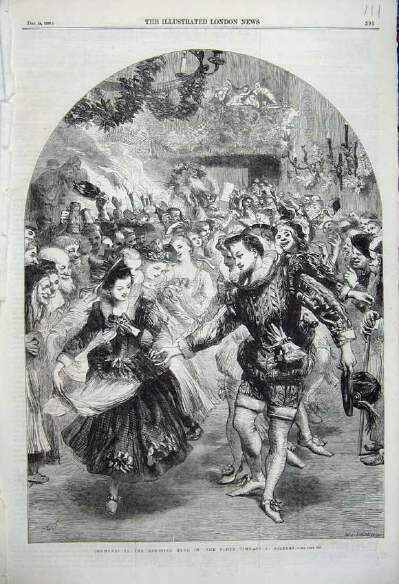 Old Antique Print Christmas Baronial Hall Party Dancing 1859 John Gilbert 19th