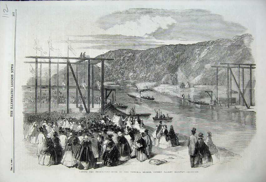Old Antique Print Laying Foundation 1859 Victoria Bridge Severn Railway 19th