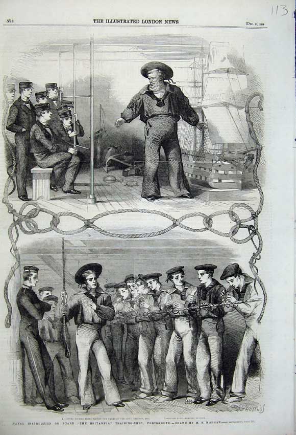 Old Antique Print 1859 Naval Instruction Britannia Training Ship Sailors 19th