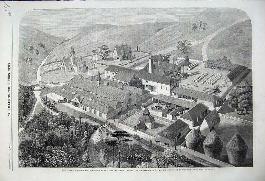 Original Old Antique Print 1859 Farm Buildings Workshops Longleat Marquis Bath