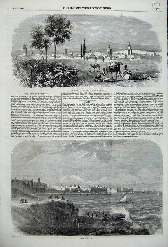 Original Old Antique Print 1859 View City Morocco Cadiz Camel Sailing Ship Boat
