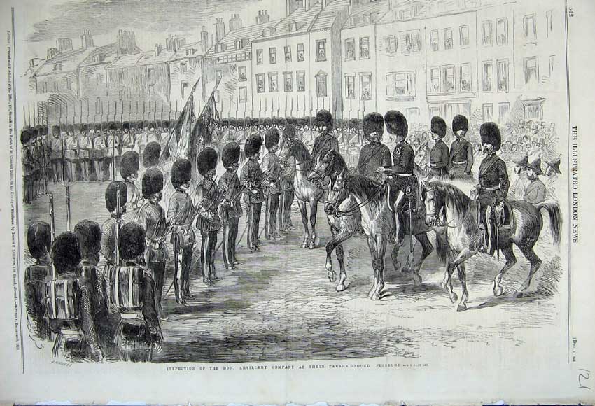 Old Antique Print 1859 Inspection Artillery Company Parade Finsbury Army 19th