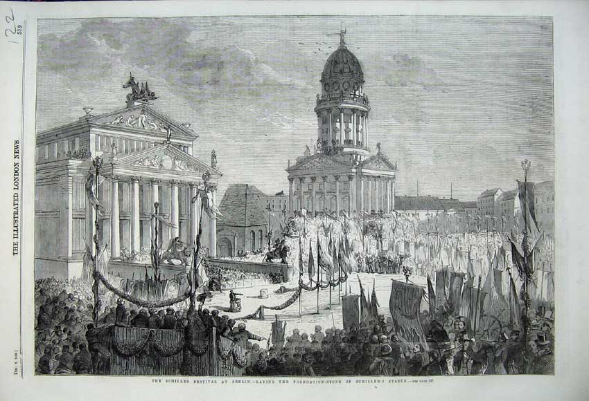 Old Antique Print 1859 Schiller Festival Berlin Foundation-Stone Statue 19th