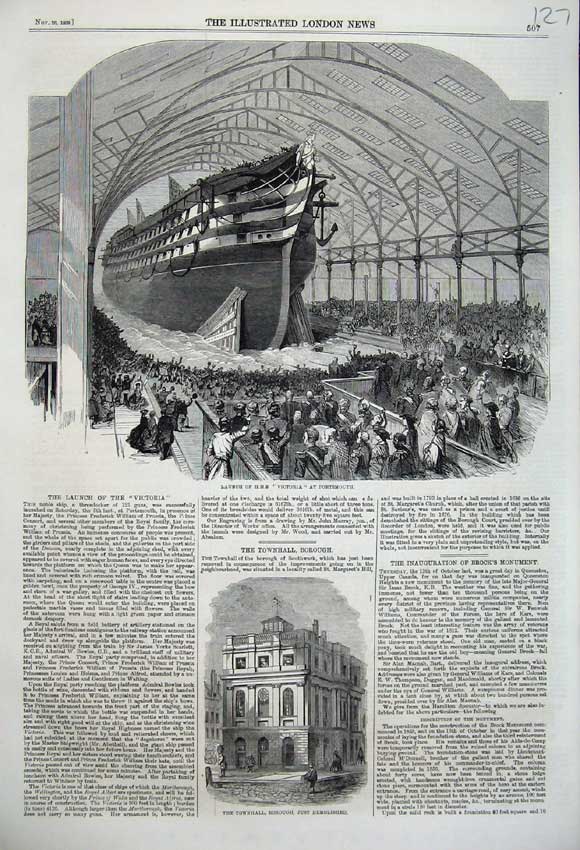 Antique Old Print 1859 Launch H. M. S Victoria Portsmouth Townhall Borough 19th