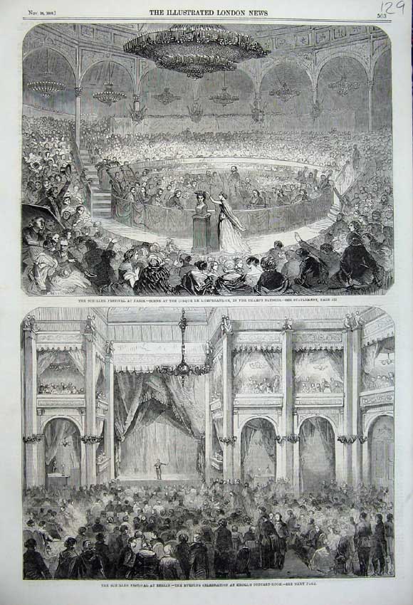 Original Old Antique Print 1859 Schiller Festival Berlin Kroll'S Champs Elysees