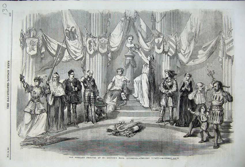 Old Antique Print 1859 Schiller Festival George'S Hall Liverpool Tableau 19th