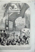 Original Old Antique Print 1859 Lord Mayor'S Show Triumphal Arch Cornhill Army
