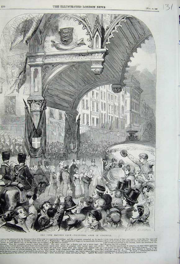Original Old Antique Print 1859 Lord Mayor'S Show Triumphal Arch Cornhill Army