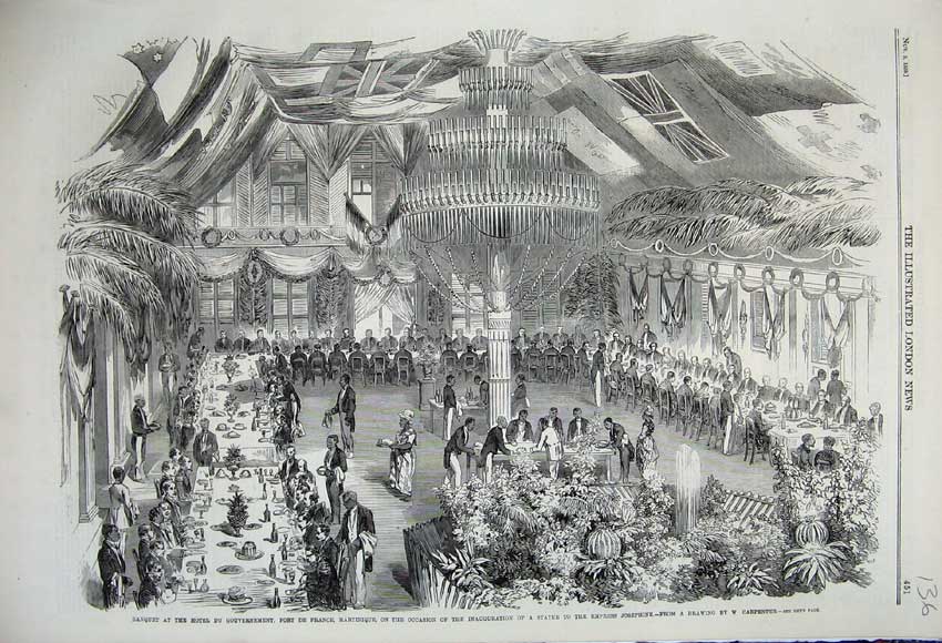 Old Antique Print 1859 Banquet Hotel Gouvernment Fort France Martinique 19th
