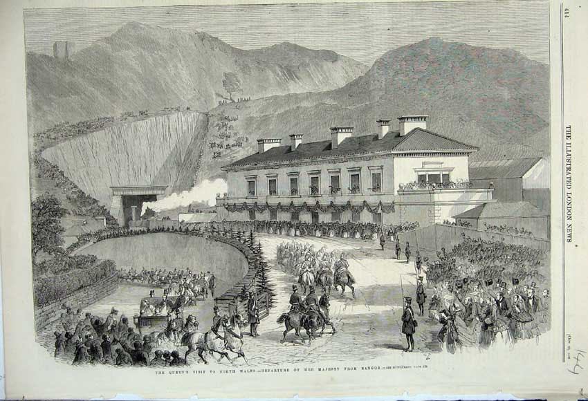 Old Antique Print 1859 Queen Wales Departure Bangor Train Railway Hills 19th